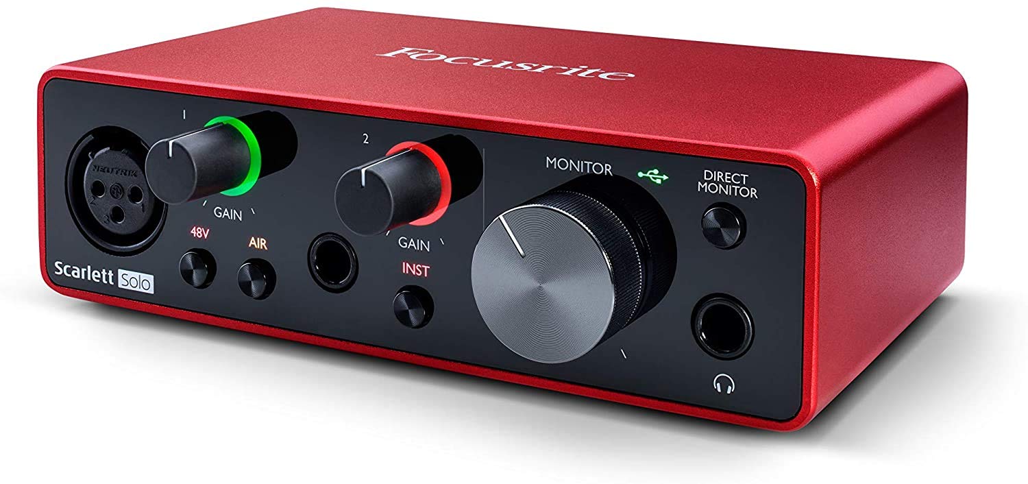 Focusrite Scarlett Solo 2x2 USB Audio Interface Full Studio Bundle with Creative Music Production Software Kit and Eris E5 Pair 2-Way Studio Monitors and 1/4
