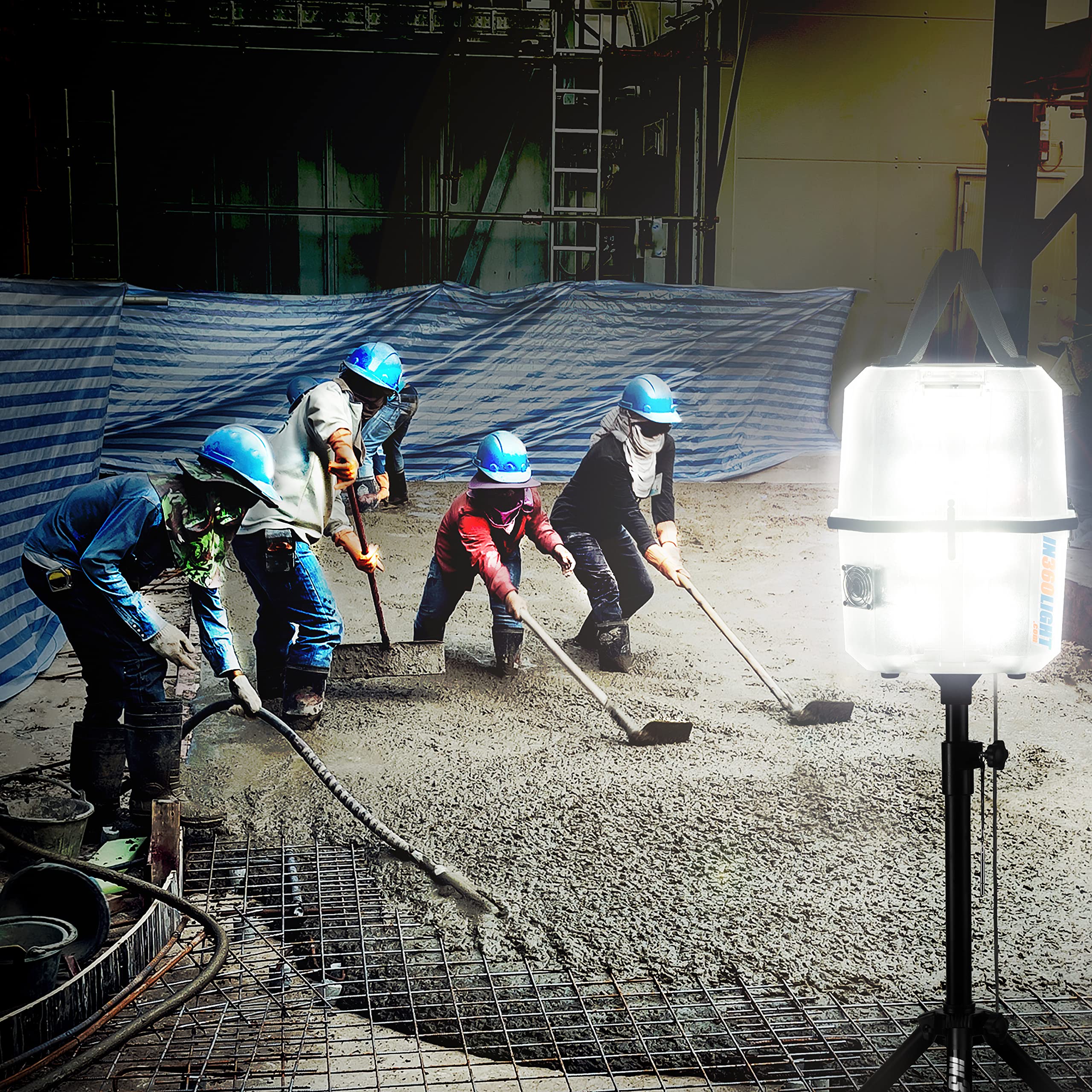 Portable LED Work Light 20,000 Lumens, Professional Lighting Dispersed in 360 Degrees, Weather Resistant Durable Indoor Outdoor Use with Telescoping Tripod Stand
