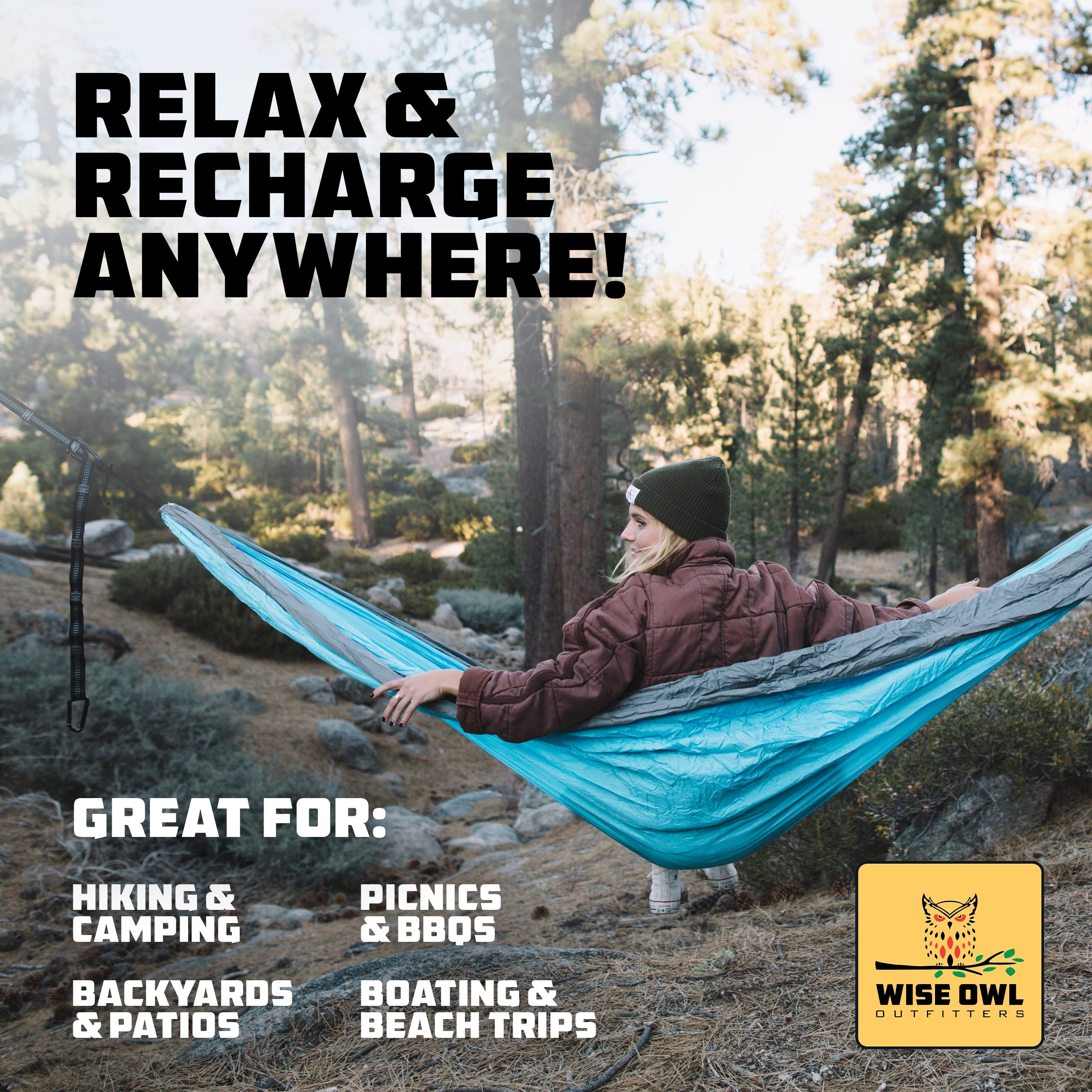 Wise Owl Outfitters Camping Hammock - Camping Essentials, Portable Hammock w/Tree Straps Up to 400lbs, Hammock for Outside, Hiking, and Travel - Single, Navy and Light Blue