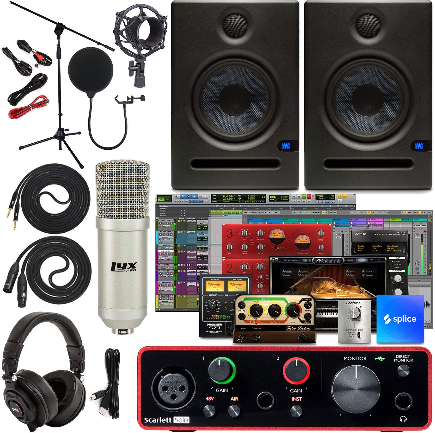 Focusrite Scarlett Solo 2x2 USB Audio Interface Full Studio Bundle with Creative Music Production Software Kit and Eris E5 Pair 2-Way Studio Monitors and 1/4