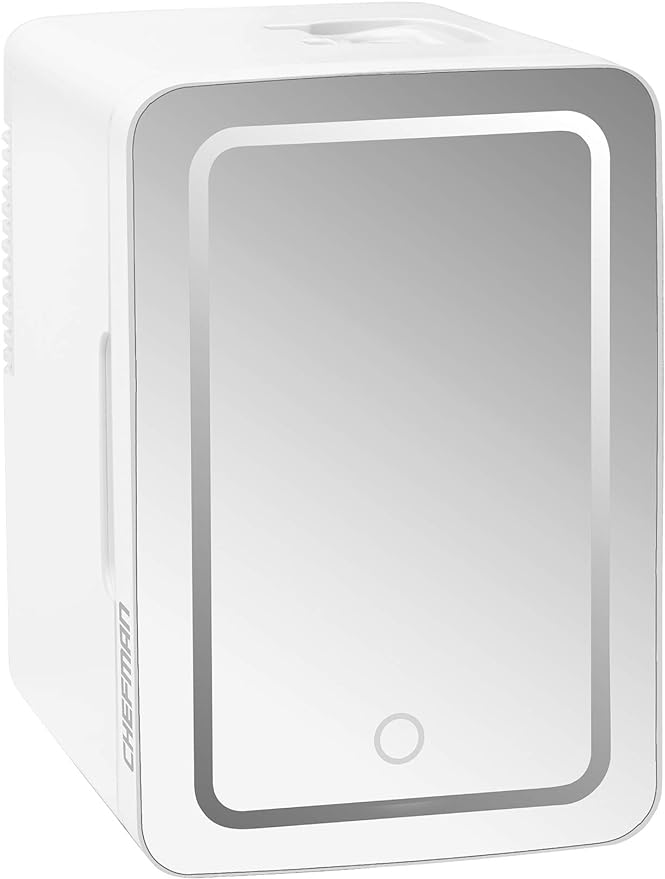 Chefman - Iceman Mirrored Beauty Fridge With LED Lighting, 5L Portable White Mini Refrigerator, Skin Care, Makeup Storage, Chill Cosmetics & Face Masks, Small For Desktop Or Travel, Cool & Heat