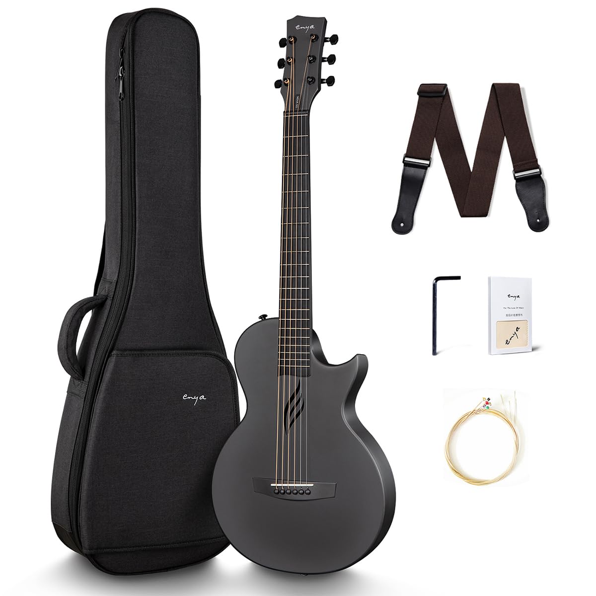 Enya Nova Go Carbon Fiber Acoustic Guitar 1/2 Size Beginner Adult Travel Acustica Guitarra w/Starter Bundle Kit of Colorful Packaging, Acoustic Guitar Strap, Gig Bag, Cleaning Cloth, String(Black)