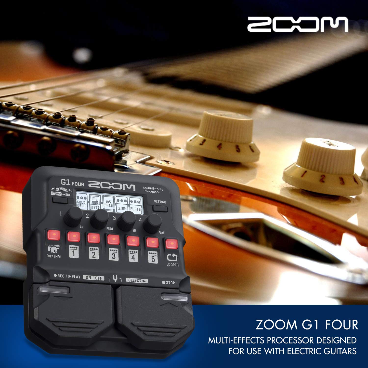 Zoom G1 Four Guitar Multi-Effects Processor + AA Batteries, Cables and Fibertique Microfiber Cleaning Cloth